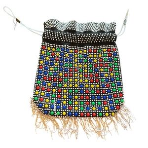 Colorful Dots Black and White Cinch Pouch Purse with Fringe